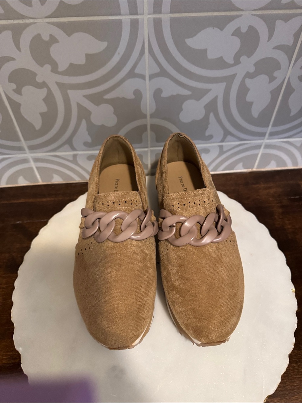Pierre Dumas Tan Suede Platform Slip-On Loafers with Chain Accent - Picture 9 of 10